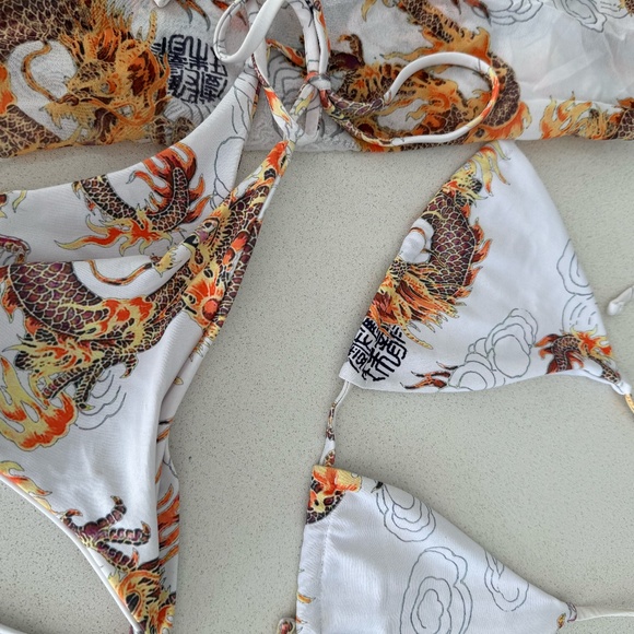 3 Piece Tie-Up Halter Triangle Bikini Set with Skirt Dragon Design in White - Picture 7 of 8